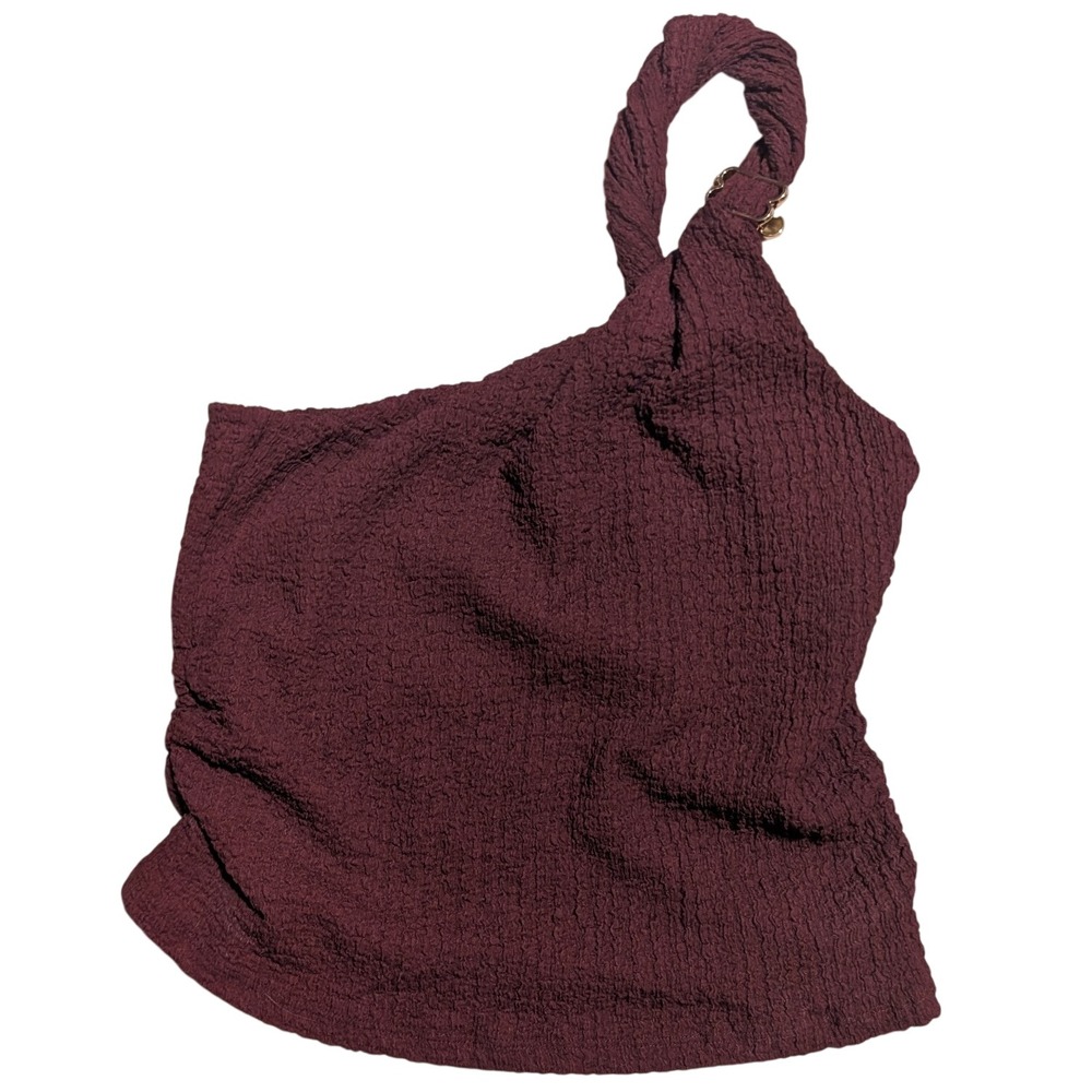 H&M Women Burgundy Crinkle Popcorn One Shoulder Top Gold Ring Detail Size M